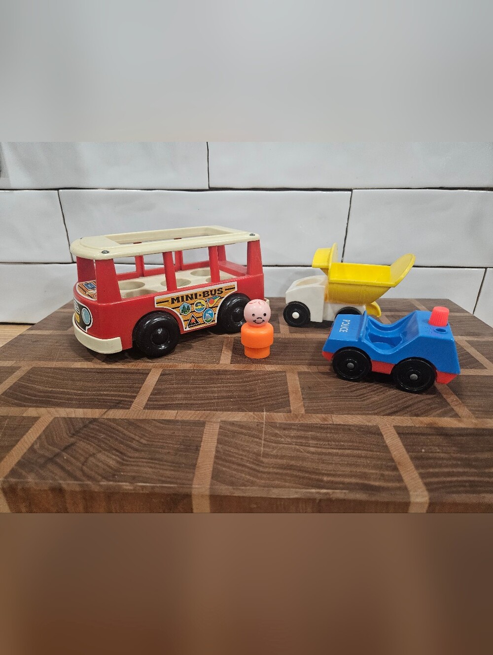 Vintage 1969 Fisher Price Little People Bus, Police Car & Dumptruck Toys